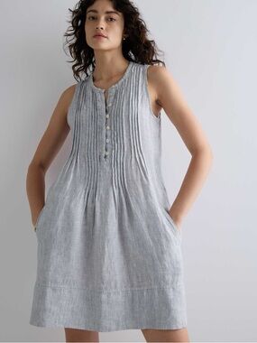 NWT Quince 100% European Linen Sleeveless Swing Dress Blue Pinstripe Sz L